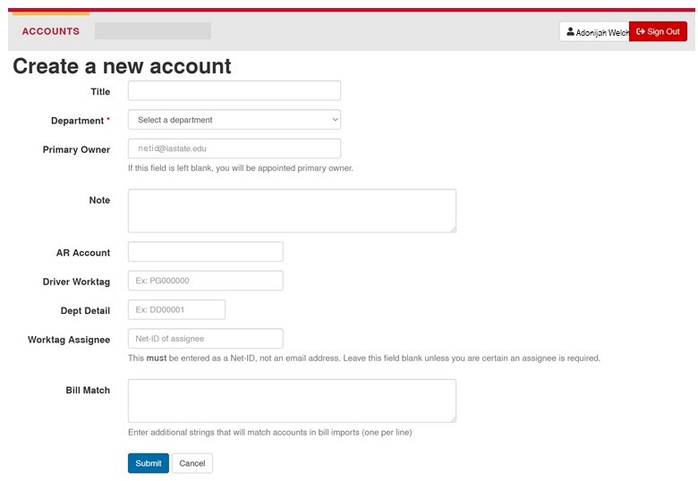 Screen shot of postal accounts web page showing fields to be completed to create a new account.