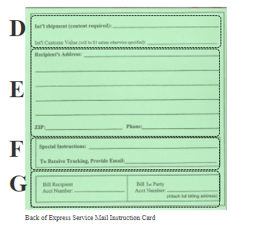 Image of the back of the express service mail instruction card