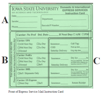 Image of the front of the express service mail instruction card