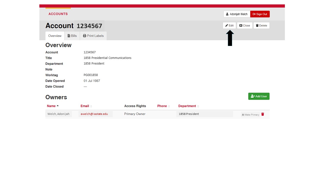 Screen shot of a postal account overview (e.g., account number, title, department, worktag, users) with an arrow pointing to Edit button.