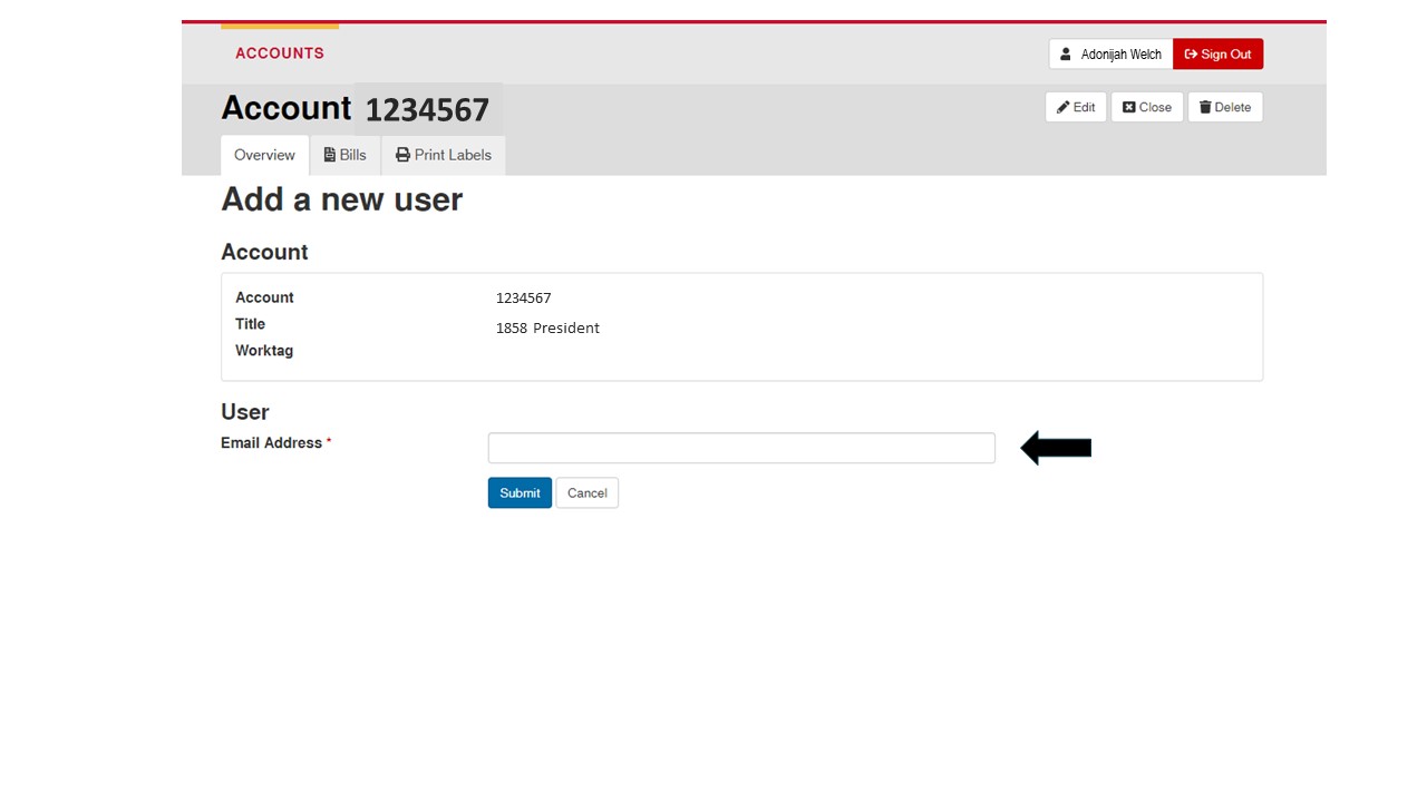 Screen shot showing field to enter new user's email address.